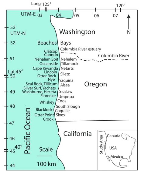Map Of Oregon Coastline With Positions Of Beaches And Estuaries Named