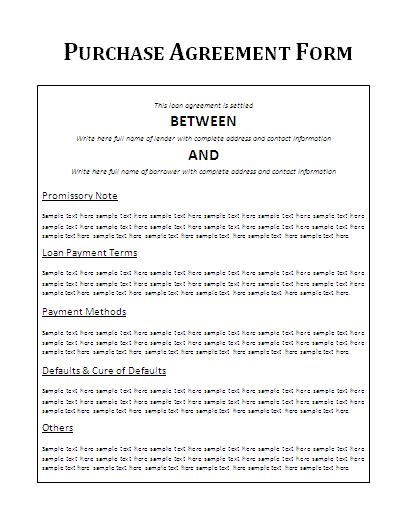 Purchase Agreement Form Free Word Templates