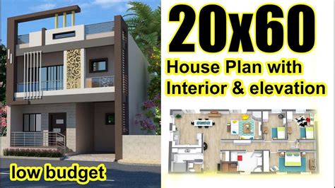 20x60 House Plan With Interior And Elevation Low Budget 1200 Sq Ft