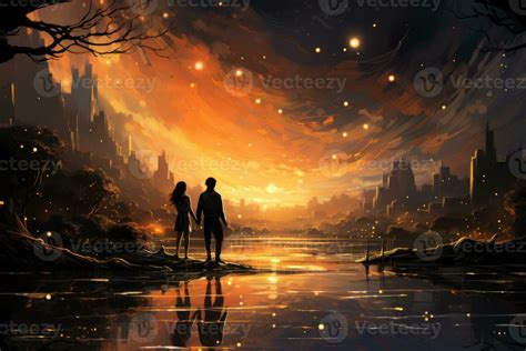 Illustration of a couple deeply in love, standing on a sandy beach