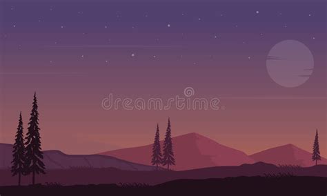 Realistic Mountain View With Silhouettes Of Pine Trees Around It