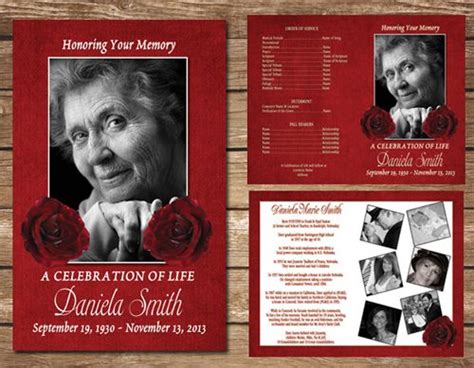 Red Rose Funeral Program Memorial Service Celebration Of Life
