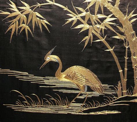 Silk And Gold Embroidered Japanese Panel With Cranes Japanese