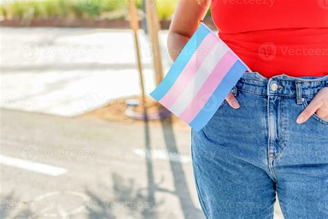Gender Queer Woman Hold Transgender Flag During Pride Month Celebration Selective Focus