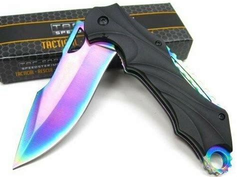 Iridescent Rainbow Fade Edc Work Pocket Knife Harpoon Blade