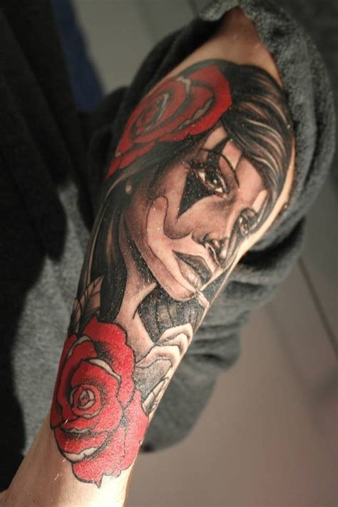 rose flower and clown girl tattoo