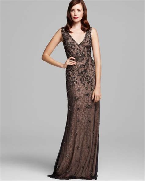 Aidan Mattox Beaded Lace V Neck Gown In Brown Black Nude Lyst