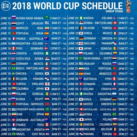 Here is the entire 2018 fifa world cup match schedule confirmed the knockout stages begin on 30th june 2018 and quarterfinals on 06 july. FIFA World Cup 2018 Schedule: Fixtures, Dates, Start Times