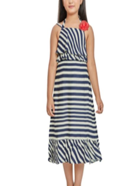 Buy Peppermint Navy Blue Striped A Line Midi Dress Dresses For Girls