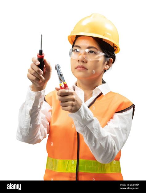 Asian Engineer Or Technician Wear Safety Helmet And Reflective Vest
