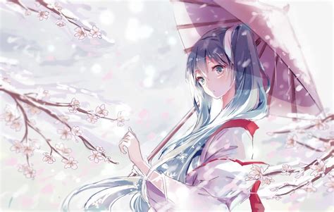 Wallpaper Short Hair Cherry Blossom Petals Kimono Ani