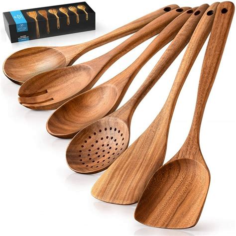 Zulay Kitchen 6 Pc Set Teak Wooden Cooking Spoon Sets In Smooth
