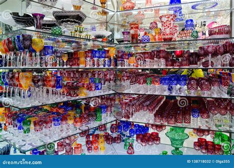 Famous Czech Glass On Shelves In T Shop In Prague Czech Republic Editorial Photography
