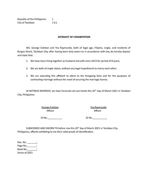 Affidavit Of Cohabitation Sample Republic Of The Philippines City