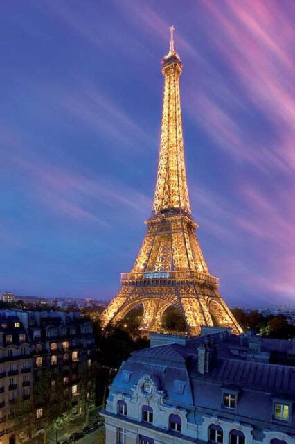 Eiffel Tower At Dusk Poster Beauty Lights France Paris Blue Sky Staple