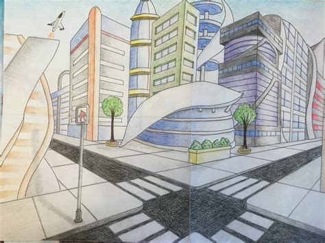 Two Point Perspective Futuristic City Drawing Jennifer Chen In 2020