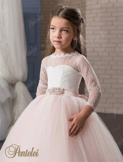 Blush Flower Girls Dresses With 34 Long Sleeves And Beaded Belt 2017
