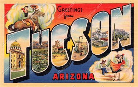 Greetings From Tucson Arizona Vintage Postcard Clipart Etsy