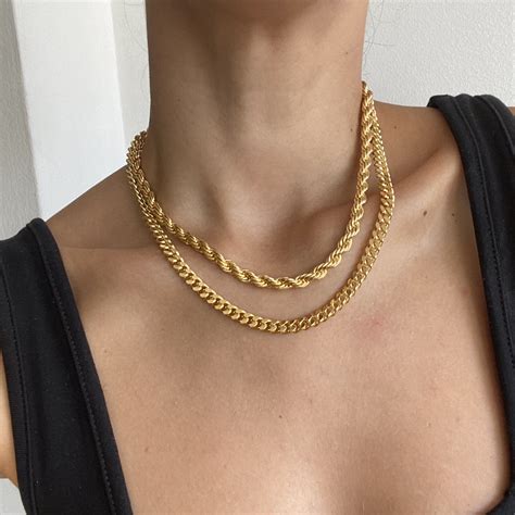 Gold Chunky Rope Chain Necklace K Gold Necklace Statement Etsy Thick Gold Chain Necklace