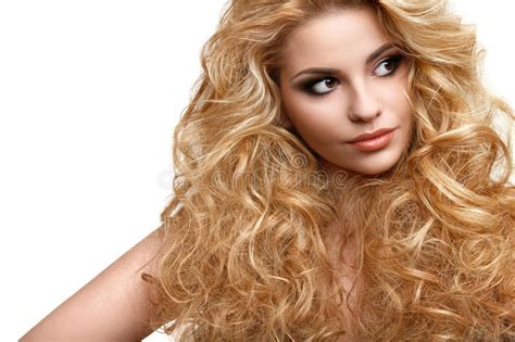 Hairstyles for thick curly hair. Blond Hair. Portrait Of Beautiful Woman With Long Curly ...