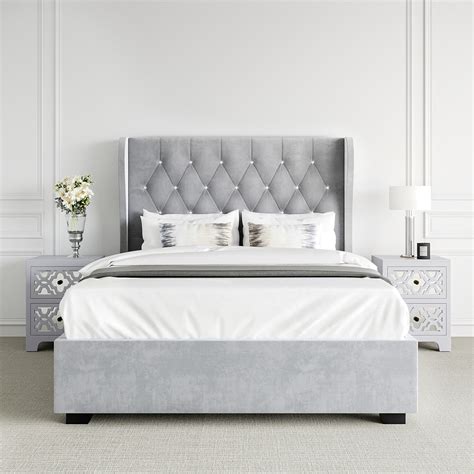 Grey Velvet Small Double Ottoman Bed With Diamante Headboard Safina Furniture123