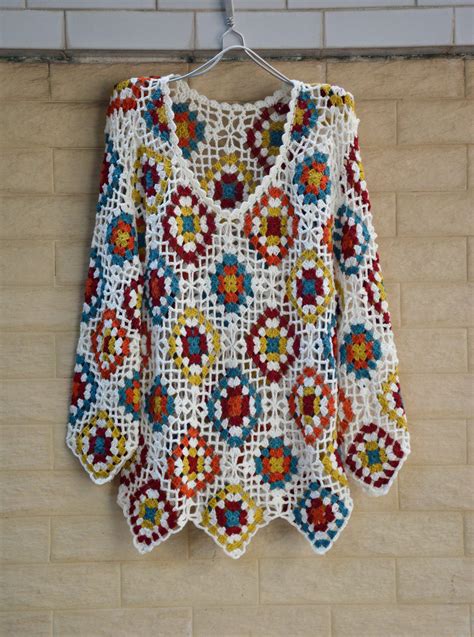 Granny Square Crochet Sweater V Neck Etsy