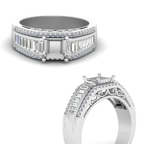 Find princess cut diamond semi mount solitaire engagament ring. Semi Mount Trio Baguette Diamond Wide Band Engagement Ring In 14K White Gold | Fascinating Diamonds