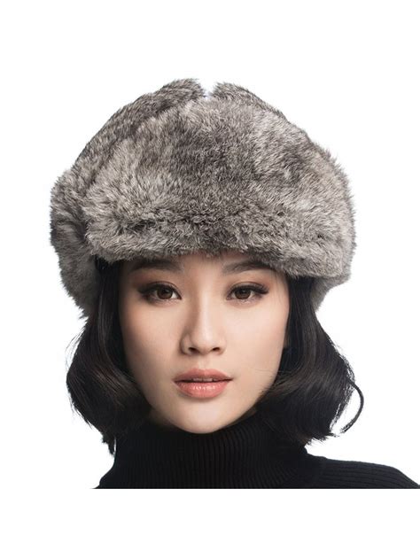 Rabbit Fur Aviator Hat Women Black Leather Winter Bomber Cap Russian Black With Grey Rabbit
