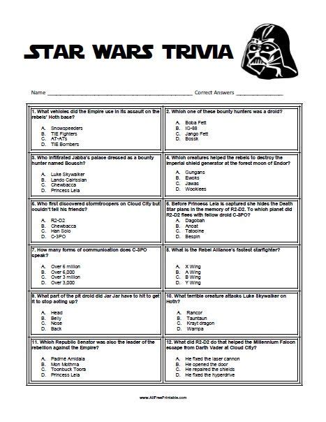 Free Printable Star Wars Trivia Star Wars Quotes Star Wars Facts Star Wars Activities