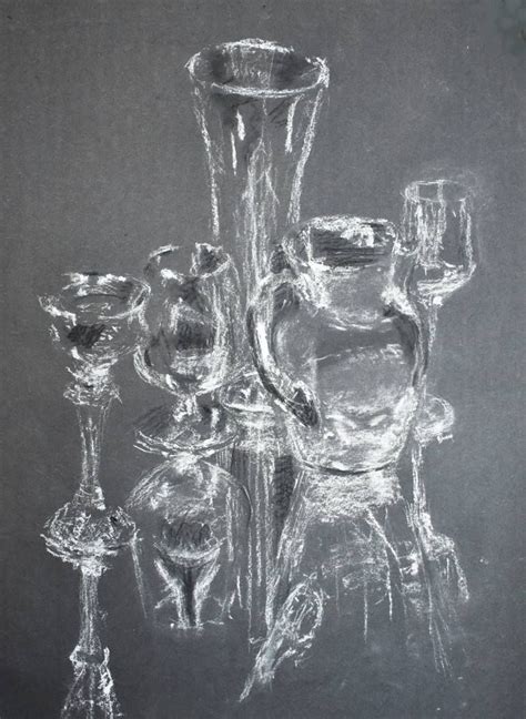 Still Life Of Glasses In White Charcoal On Black Paper Drawing Black