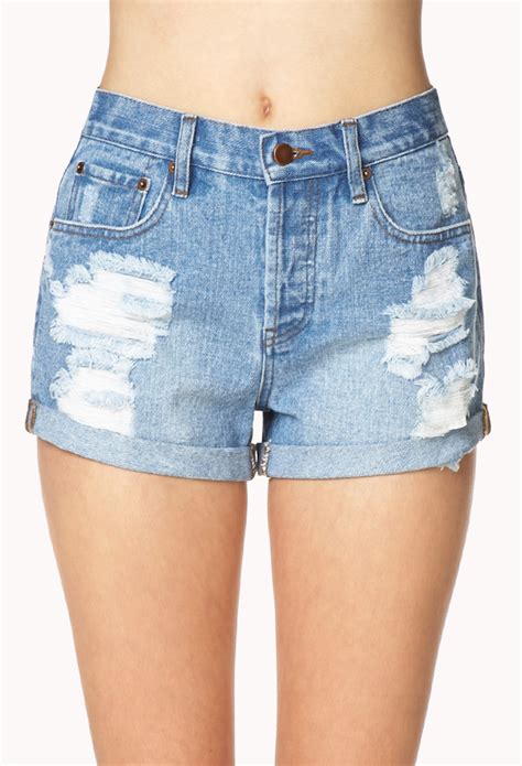 Lyst Forever 21 Ripped Denim Shorts In Blue