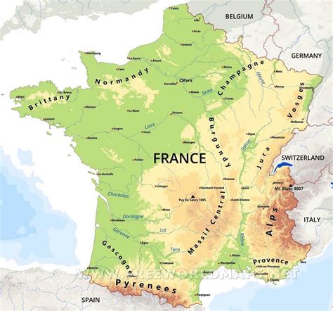 Las regiones y las ciudades de la lista, con marcada en los centros. France Physical Map