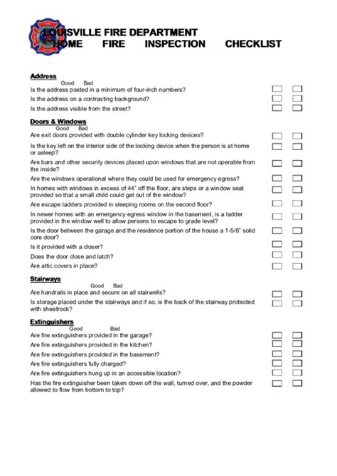 Home Fire Inspection Checklist Printable Pdf Download