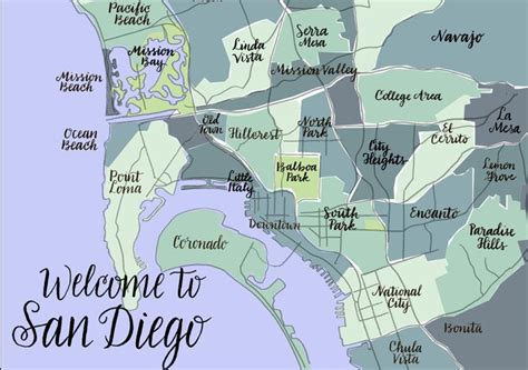 San Diego California Neighborhood Map Blues And Teals Etsy