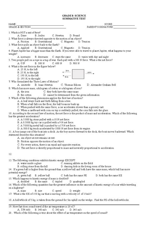 Summative Test 1st Quarter Grade 8 Science Summative Test Studocu