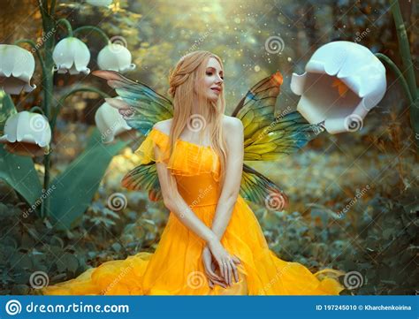 Portrait Of Happy Fantasy Woman Blonde Forest Fairy Fashion Model In A