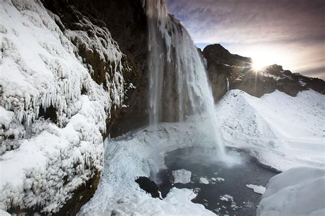 Seljalandsfoss Waterfall In Winter Iceland Landscape Stock