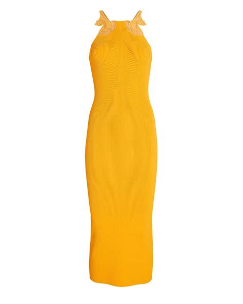 Self Portrait Canary Lace Rib Knit Midi Dress In Yellow Lyst
