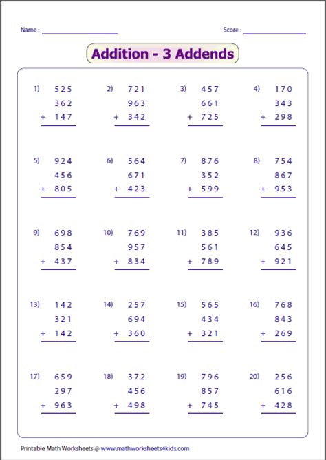 Challenge your third grade mathematicians with these addition and subtraction word problems. 3 Digit Addition Worksheets