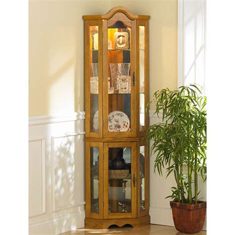Golden Oak Lighted Corner Curio Cabinet With Built In Lighting And
