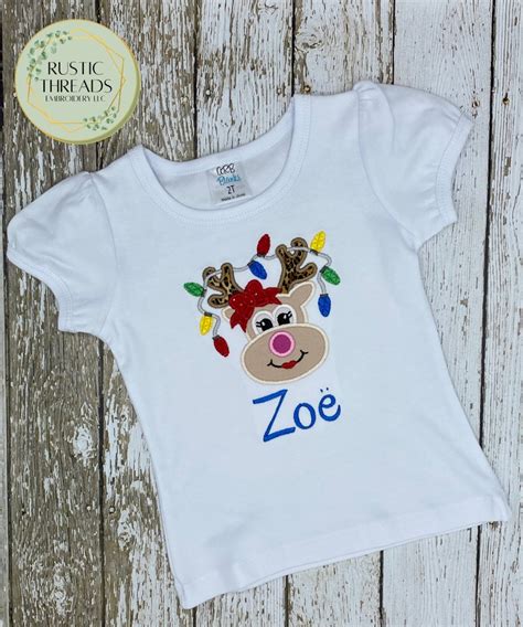 Christmas Reindeer Shirt For Girls Embroidered Reindeer And Etsy