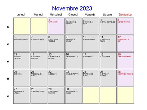 Calendario Novembre 2023 Con Festività E Fasi Lunari