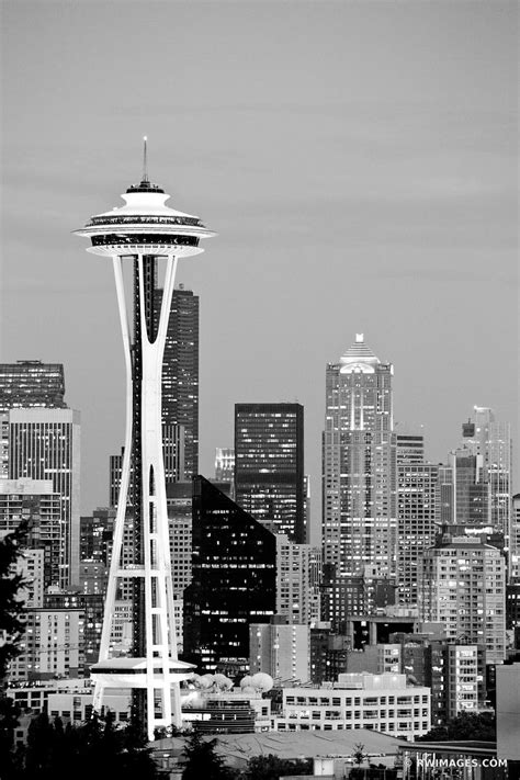 Framed Photo Print Of Seattle Skyline Space Needle Evening Black And