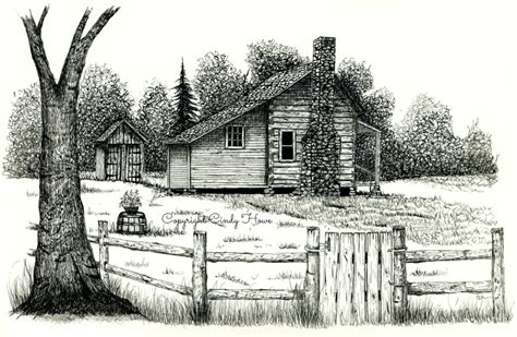A Pencil Drawing Of A Log Cabin In The Country With A Tree And Fence