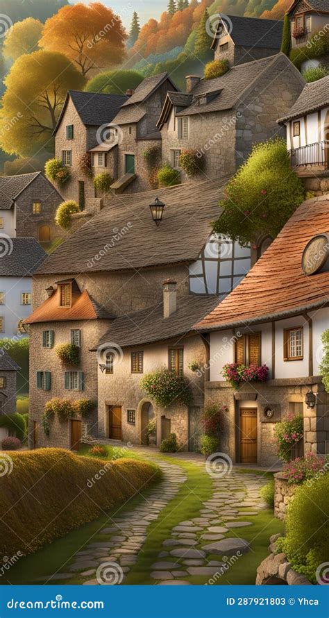 Quaint European Village With Old Stone Houses And Cottages Stock
