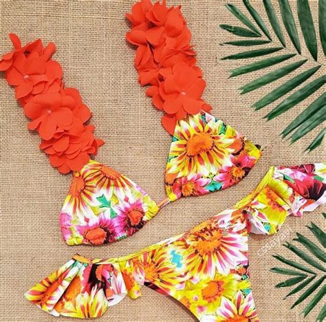 Ruffle Sunflower Bikini Print Floral Brazilian Biquine Yellowtwo Piece