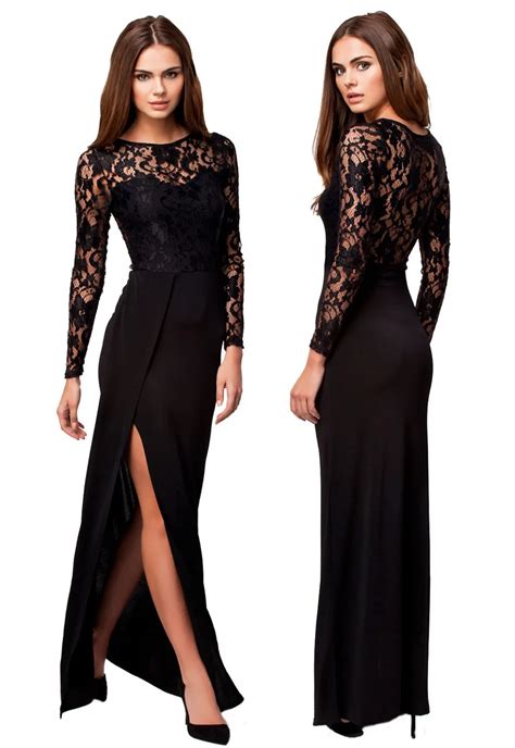 bohemian winter black lace sexy high slit women elegant long sleeve maxi dress 2016 vestido