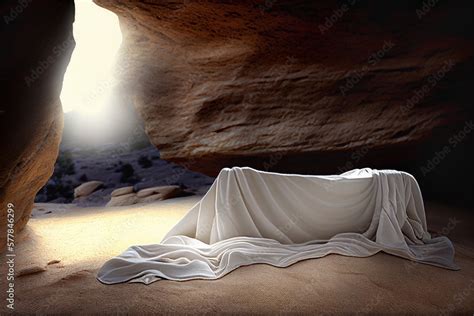 Burial Cloth Linen Shroud Of Jesus Laying On Stone Within Cave Tomb