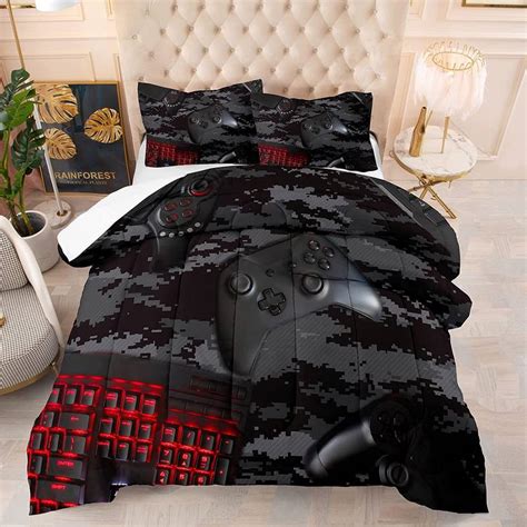 Modern Camouflage Gaming Comforter Sets For Boys Gamer Comforter Red