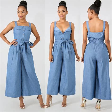 Sexy Spaghetti Straps Denim Jumpsuit For Women Wide Leg Bandage